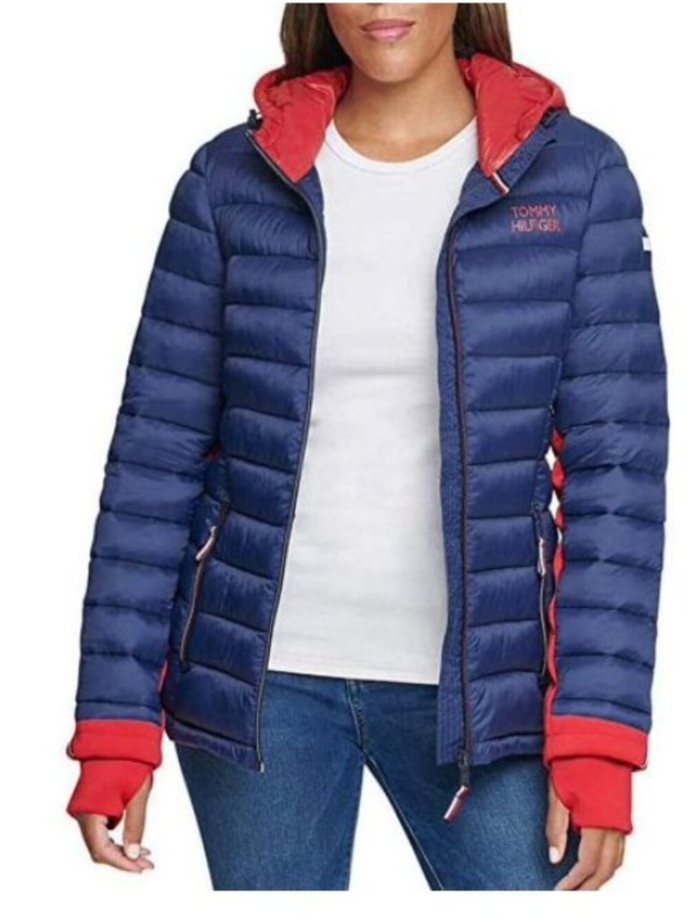 Tommy Hilfiger Womens Packable Hooded Puffer Jacket Navy Crimson Size Small NWOT